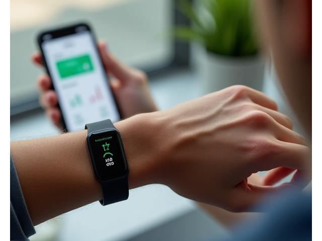 Wrist wearing a fitness tracker, data visible on a connected smartphone