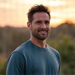 Portrait of David Rivera, a calm male yoga instructor outdoors at sunset