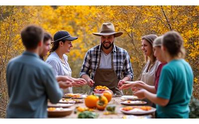 Diverse group of adults enjoying an outdoor cooking class amidst autumn foliage