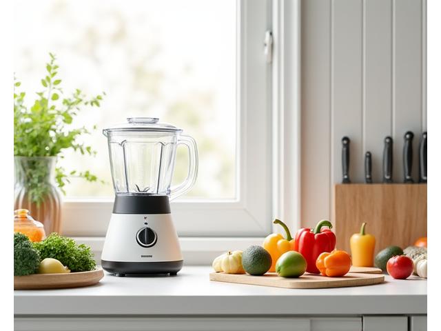 Modern kitchen counter with various healthy cooking tools and fresh ingredients.