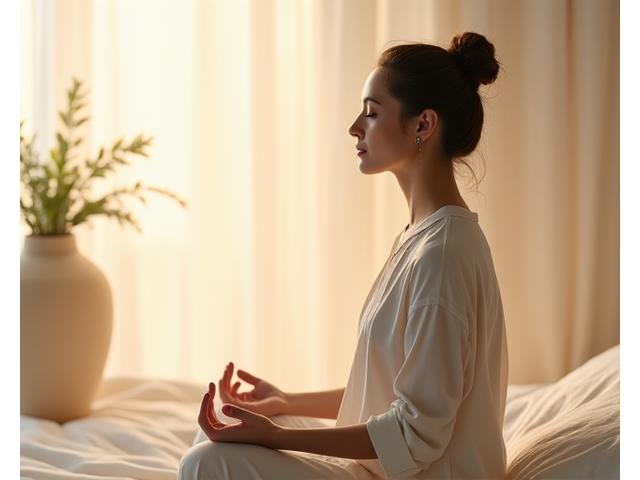Serene woman in her mid-40s meditating, surrounded by soft, glowing light, representing peace and calm. Minimalist, clean background.