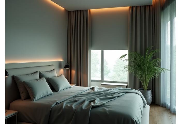 A modern, minimalist bedroom featuring smart lights subtly dimmed, a smart thermostat, and air purifier, creating an ideal sleep environment.